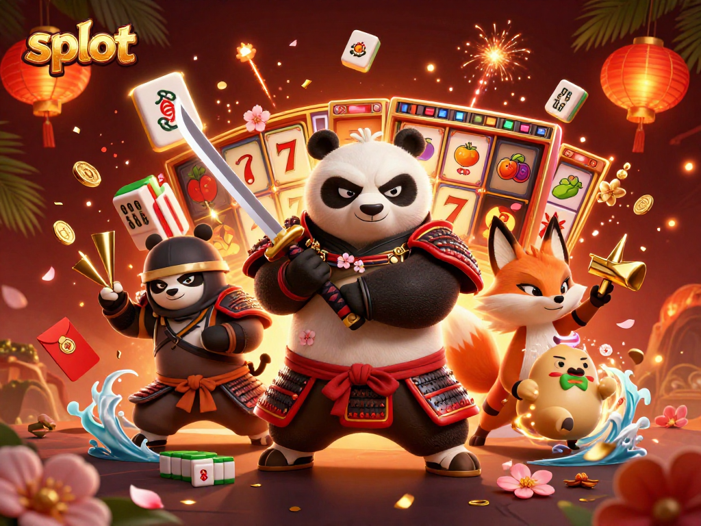Slot yang mengasyikkan dengan panda samurai dan rubah ninja melempar shuriken di latar belakang kembang api