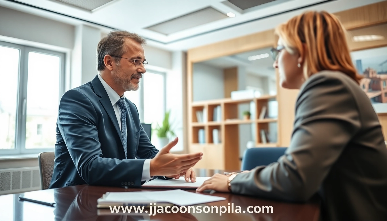 Client consulting with a lawyer at http://www.jacobsonpilaw.com in a professional office setting.