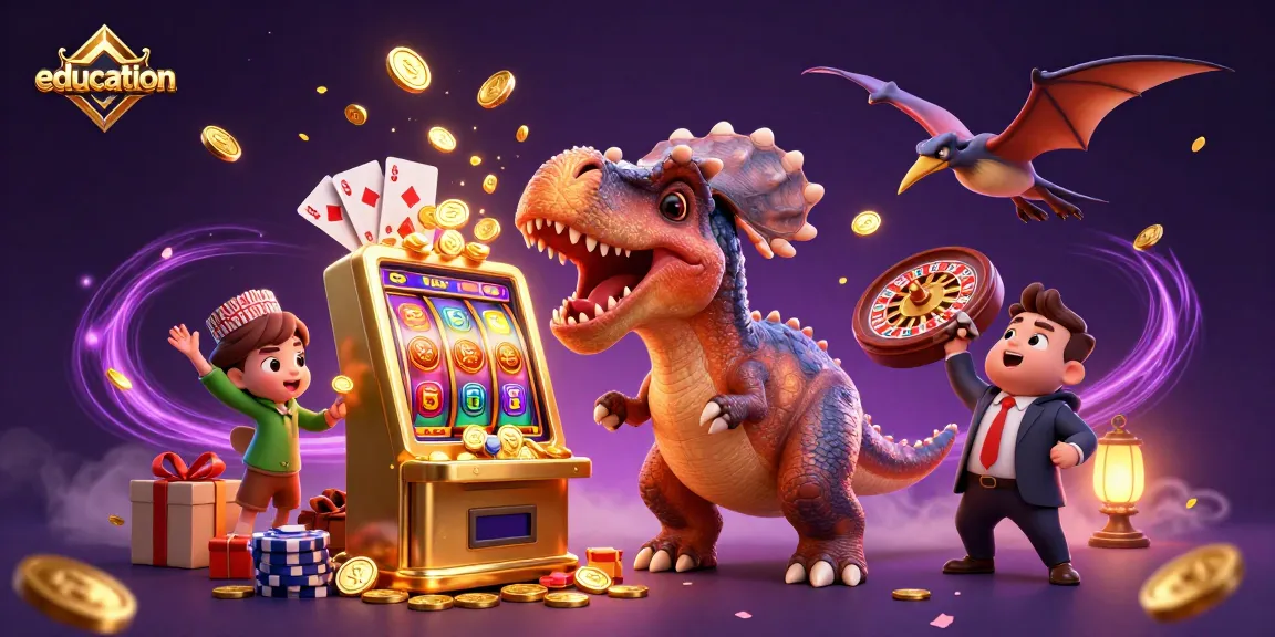 Education strategies enhance gameplay in a dynamic casino scene featuring whimsical dinosaur characters.