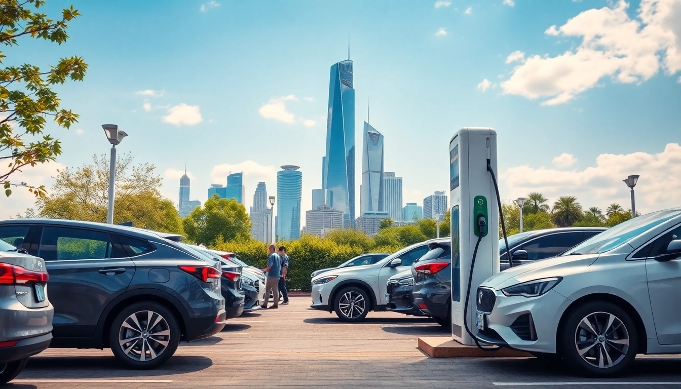 Showcase of EV charging news with a modern charging station filled with electric vehicles.