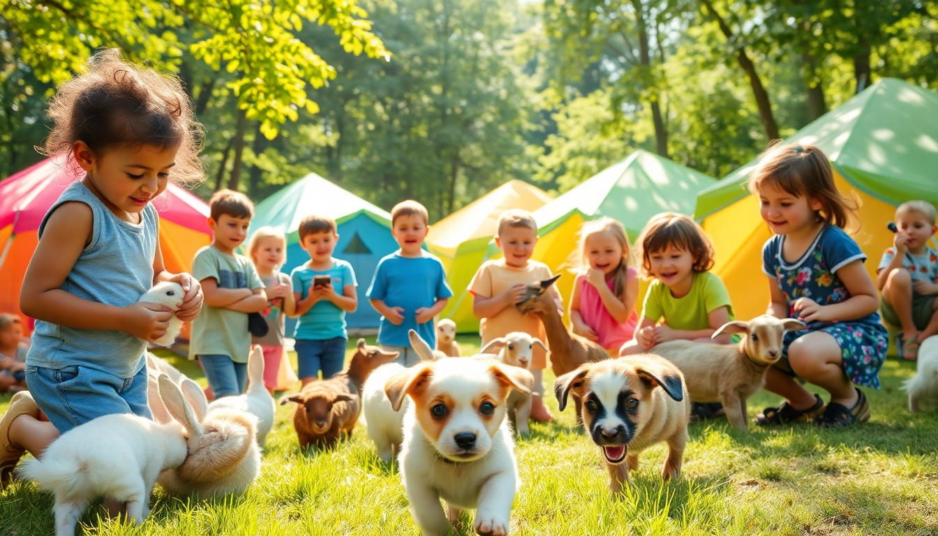 Children enjoying hands-on learning at an animal camp in Illinois with various animals.