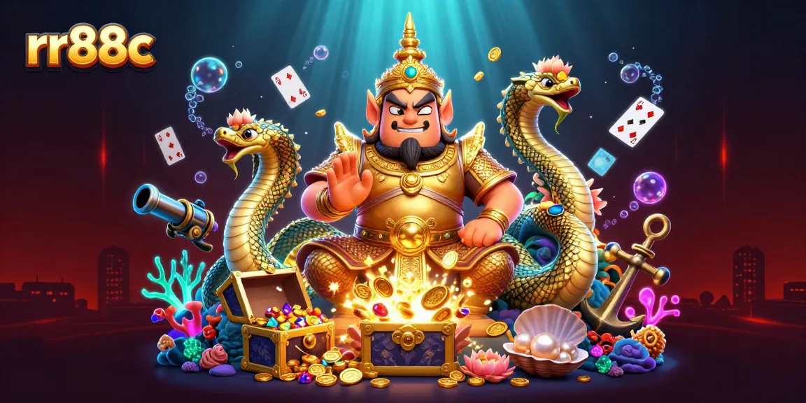 rr88c showcases a vibrant casino illustration filled with treasures, underwater elements, and friendly Thai guardians.