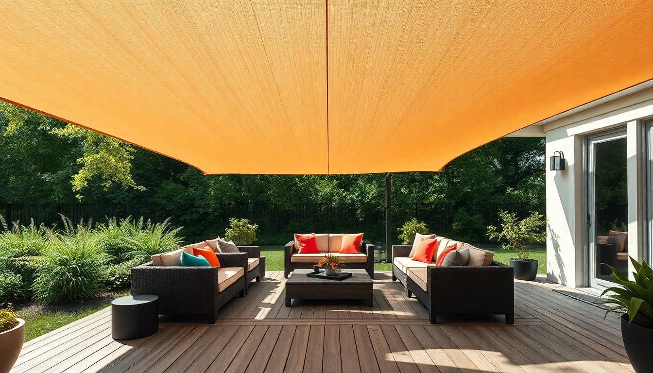 Outdoor Shades enhancing a modern patio with vibrant cushions and greenery.