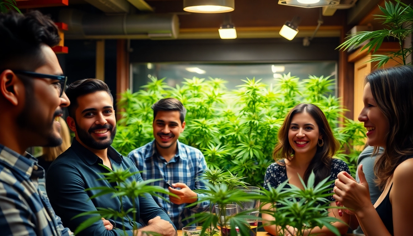 Cannabis club Madrid members enjoying social activities in a vibrant atmosphere.