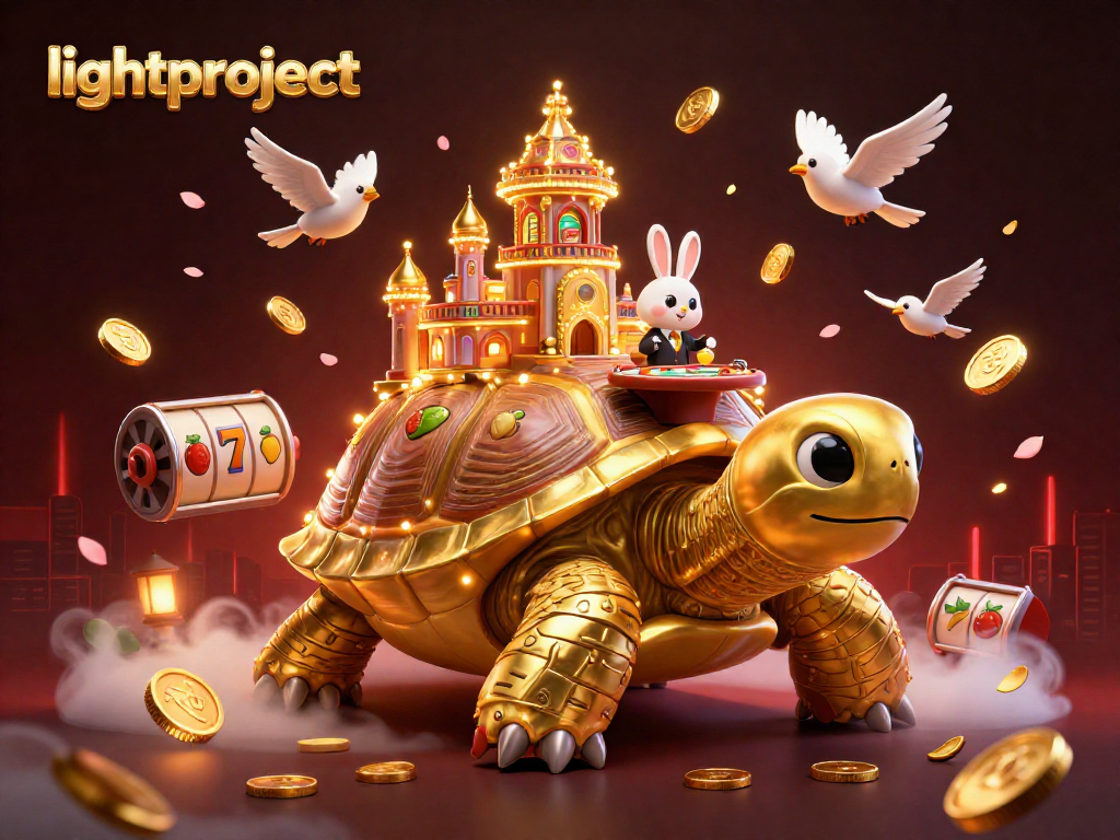 The lightproject captures playful gambling with a golden tortoise casino, featuring vibrant slot reels and a rabbit dealer.