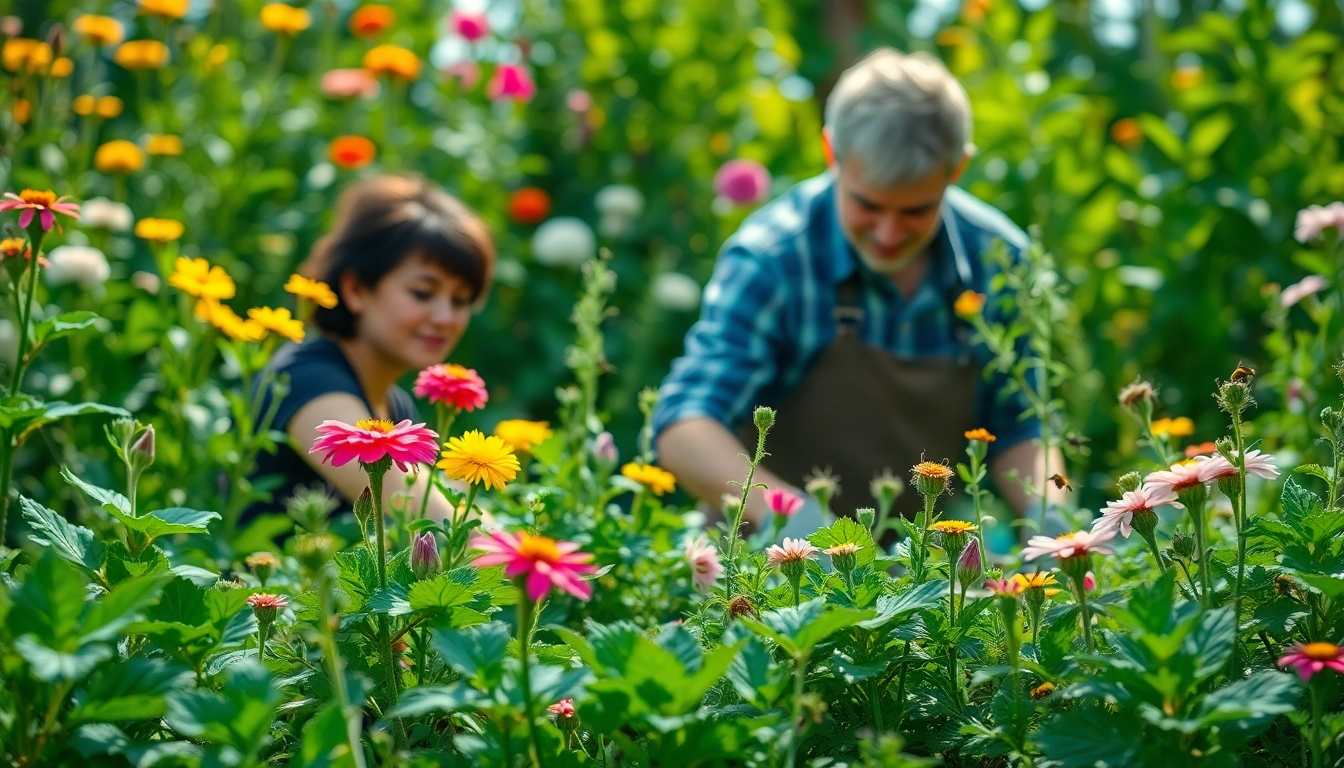 Gardening enthusiast tending to diverse plants in a flourishing garden, showcasing vibrant colors.