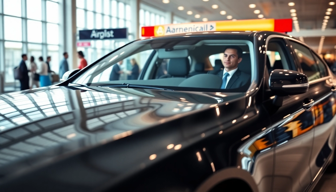 LGA car service vehicle in a bustling airport setting, highlighting its sleek design and professional ambiance.