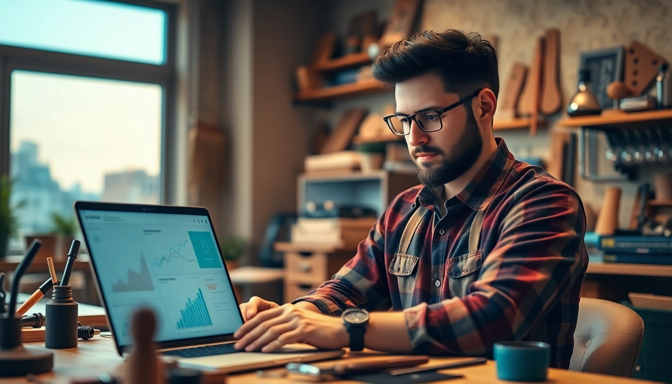 seo für handwerker im kreativen Büro mit einem handwerklichen Arbeiter und modernem Marketing-Setup.