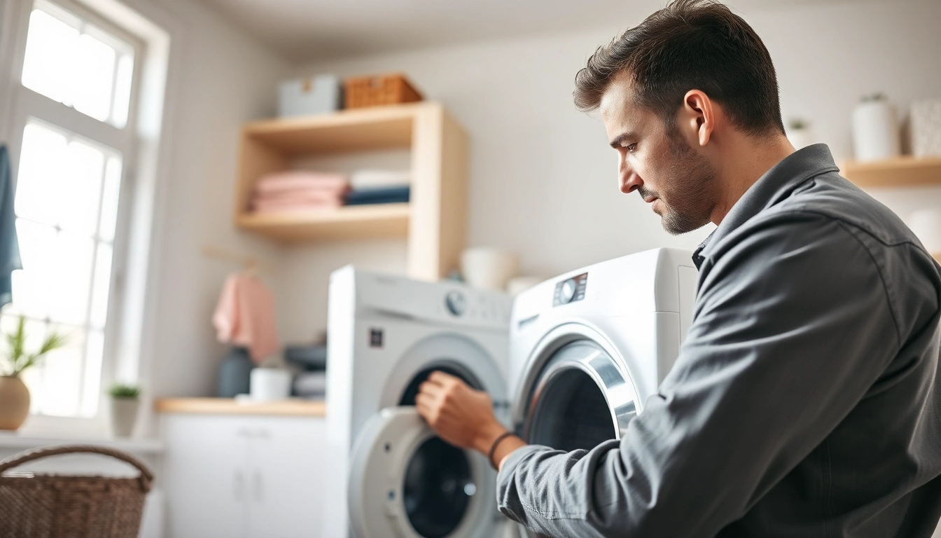 Performing dryer repair near me in a modern laundry room with professional expertise.