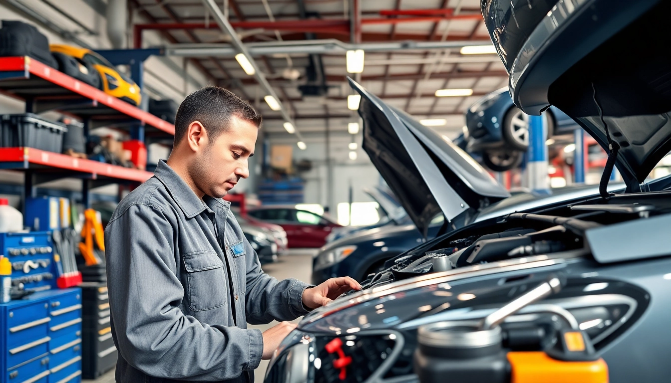 Experience a skilled mechanic near me repairing a car in a bright garage with tools and equipment.