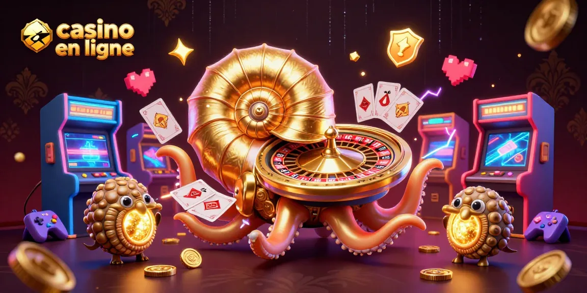 Illustration captivante sur le casino en ligne mettant en avant un nautilus géant et des jeux colorés.