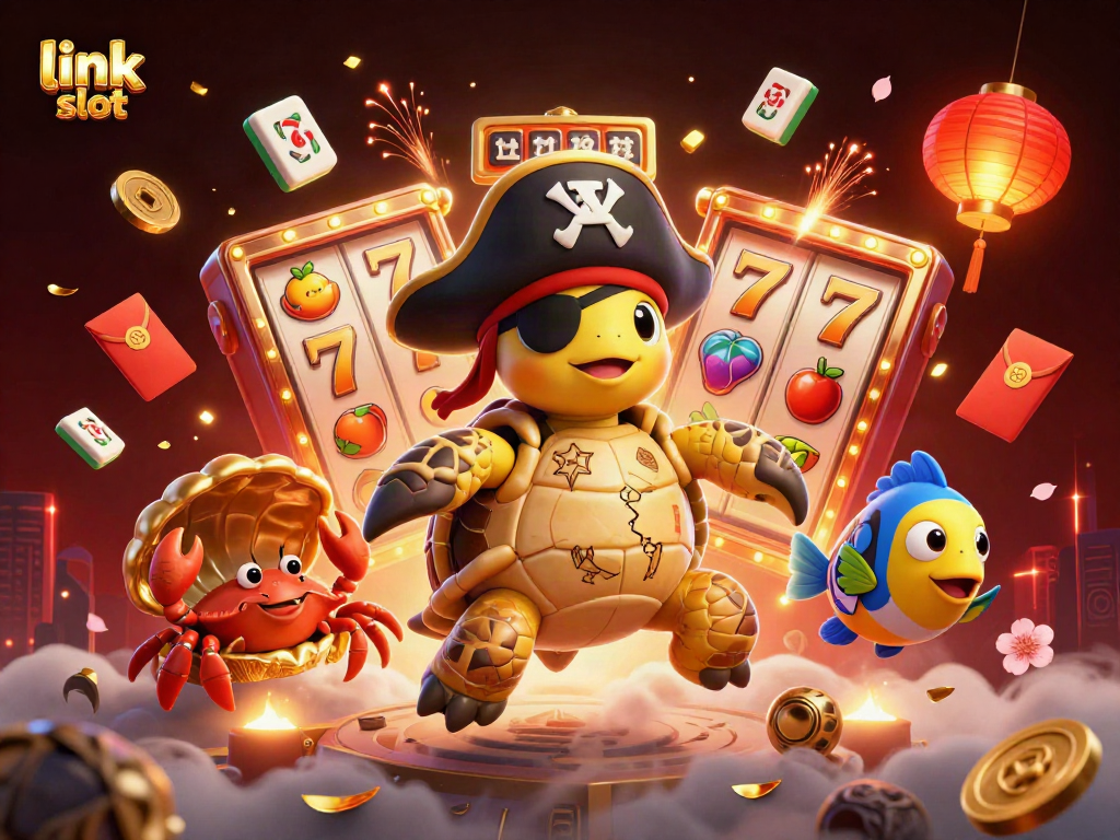 Spin the link slot with vibrant treasures in a dynamic illustration featuring a pirate turtle, crab, and fish.