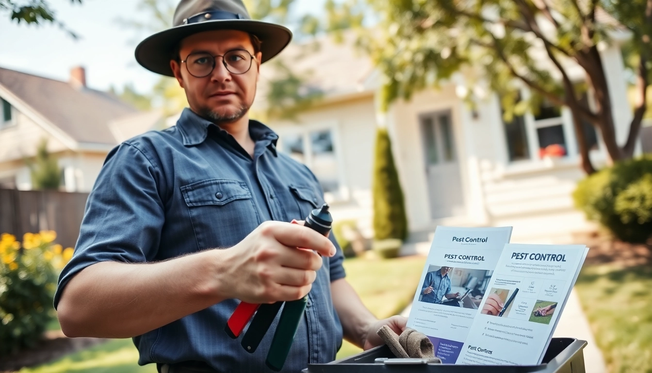 Contact local exterminator inspecting a house for pests, tools in hand, ensuring a safe environment.