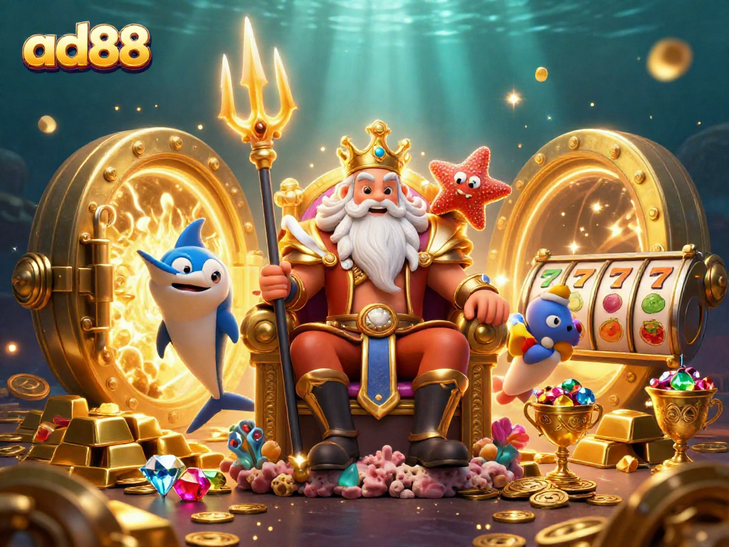 Experience the excitement of ad88 with Neptune overseeing slot reels and treasures in this vibrant 3D digital illustration.