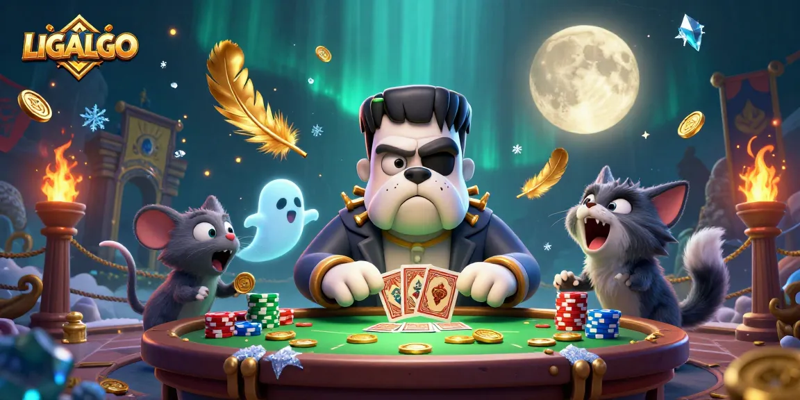 LIGALGO showcases a dynamic 3D illustration featuring a Frankenstein bulldog and a werewolf kitten engaging with gaming elements.