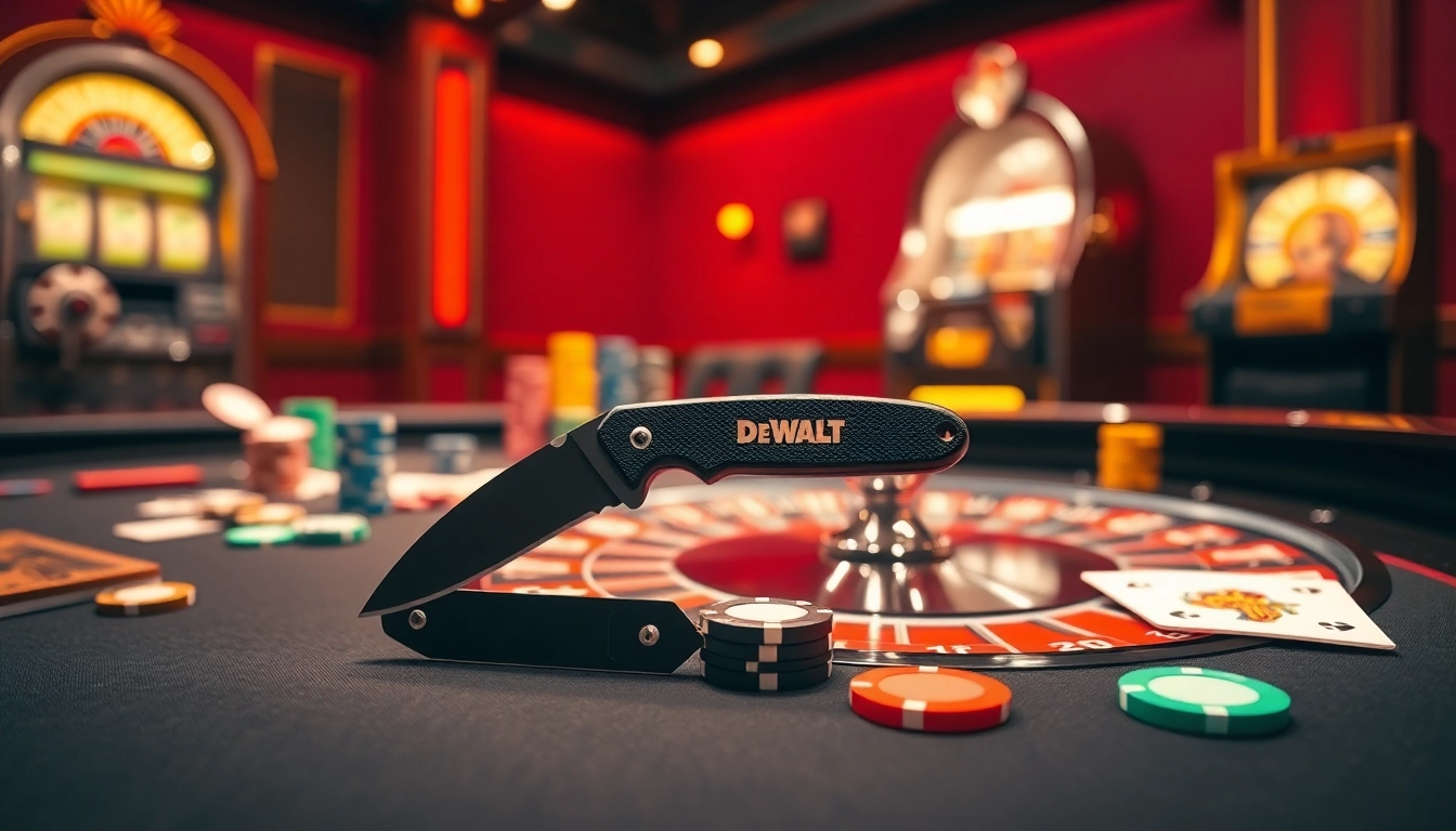 DeWalt knife cutting through stacks of poker chips in a casino.