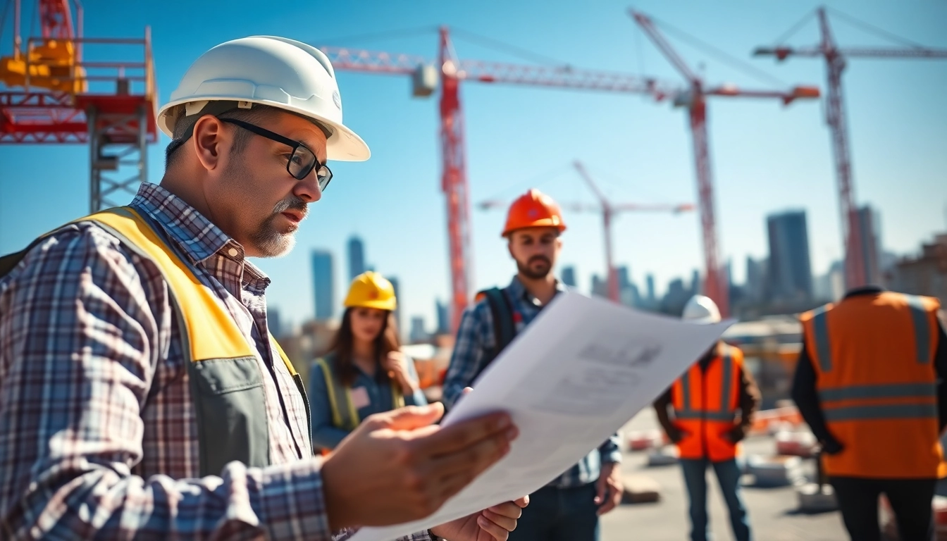 New York General Contractor reviewing blueprints on a vibrant construction site.