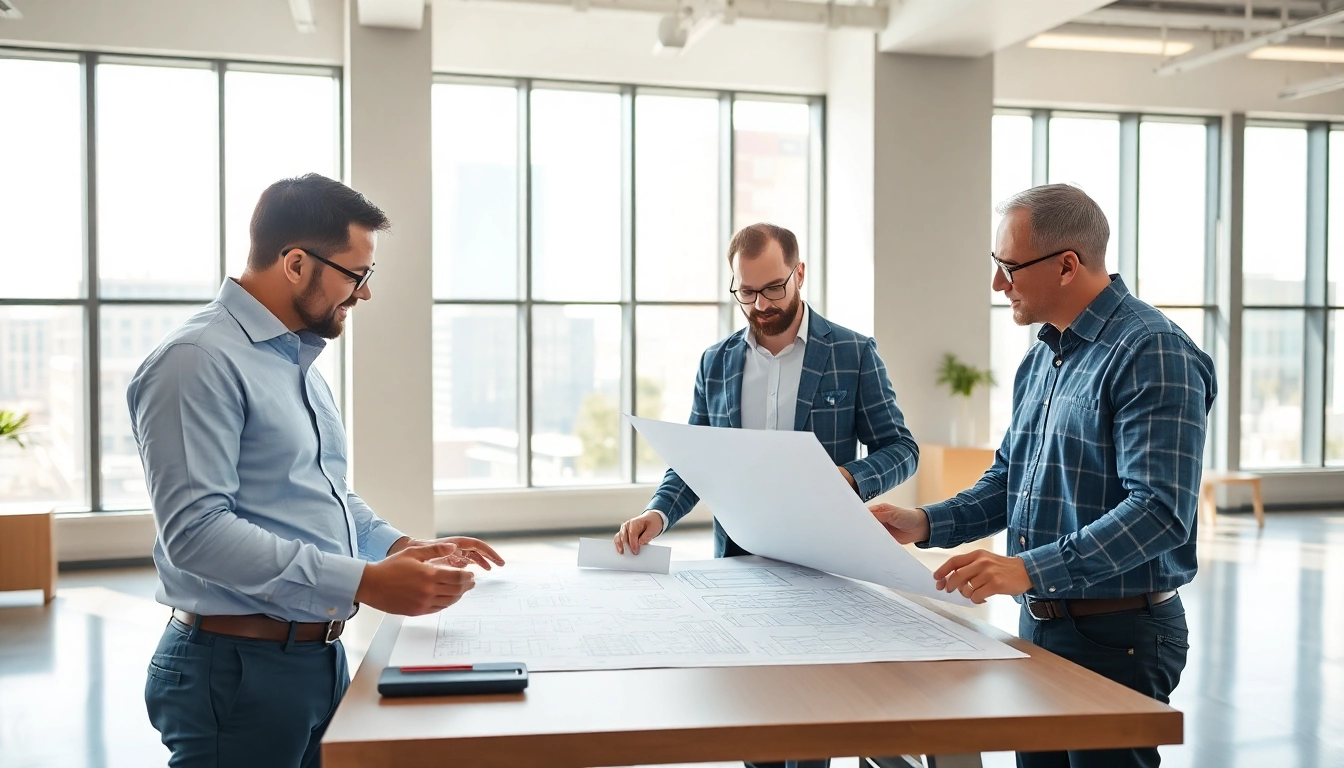 Commercial building developer reviewing plans in a collaborative modern office setting.
