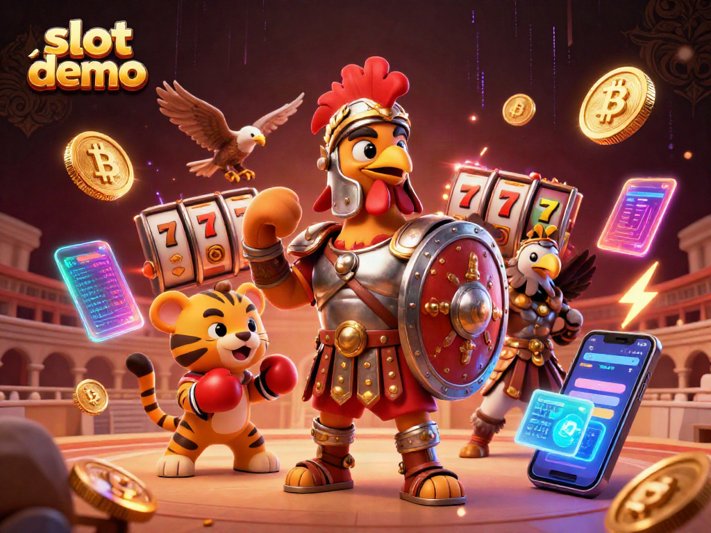 Engage with our slot demo featuring an energized gladiator rooster amidst vibrant casino elements.