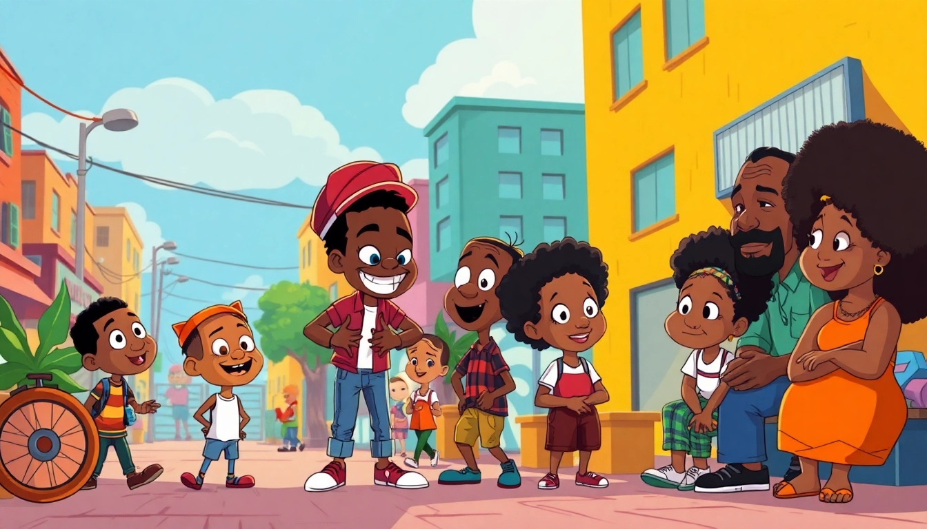 A lively illustration showcasing African American Cartoons characters engaging in fun activities, set against a colorful urban backdrop.