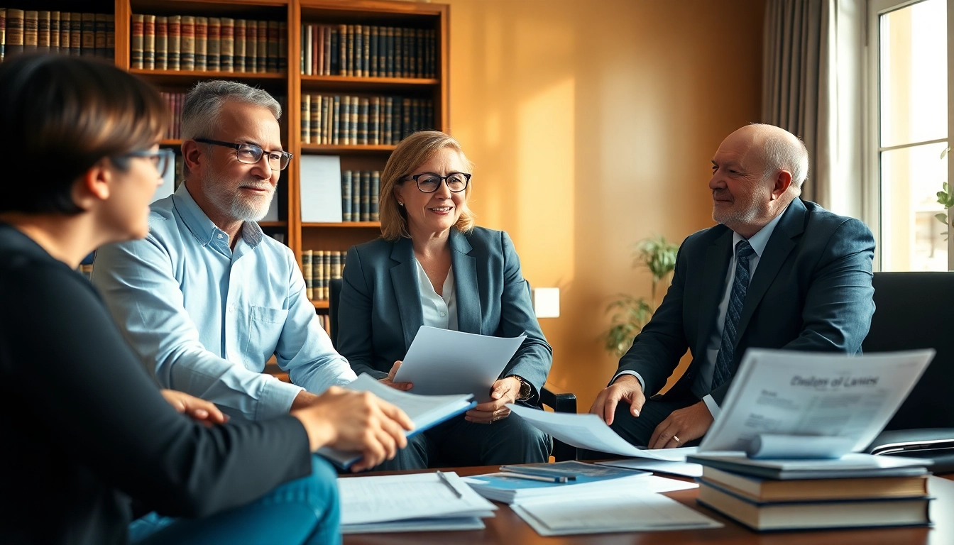 Engaged clients discussing Family Law Financial Agreements with a professional lawyer in an office setting.