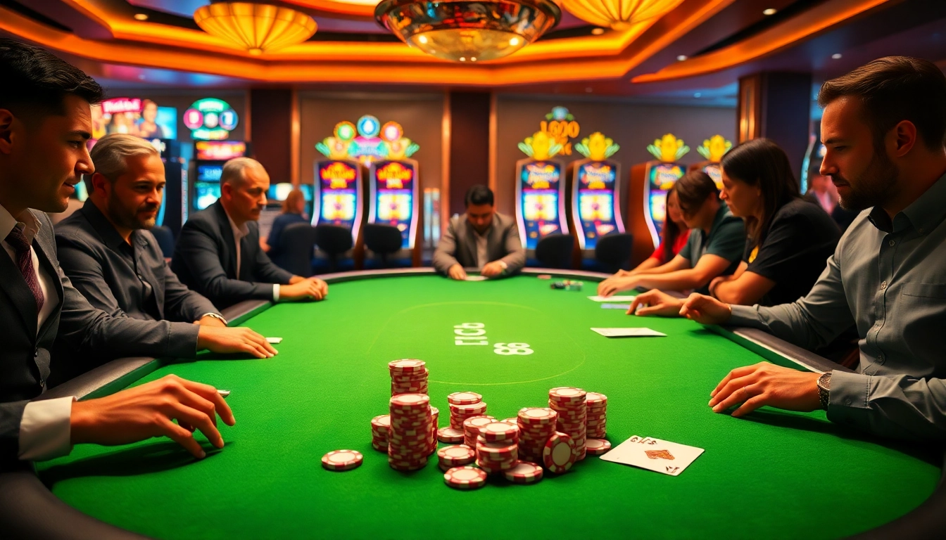 Players strategizing at a poker table in a luxurious casino, with lc 88 poker chips prominently displayed.
