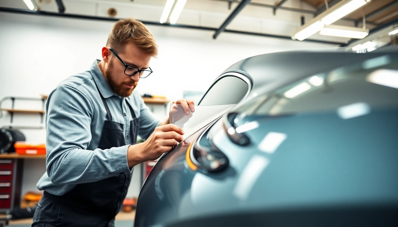 Certified PPF installer expertly applying paint protection film to enhance a car's look.