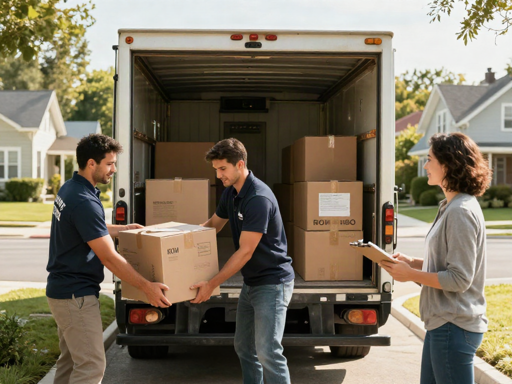 Movers packing boxes into a truck while a homeowner oversees the process in a sunny neighborhood.