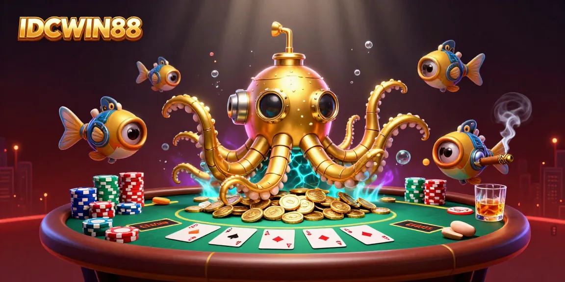 Experience thrilling gameplay with IDCWIN88 as the golden kraken submarine emerges amidst poker action.