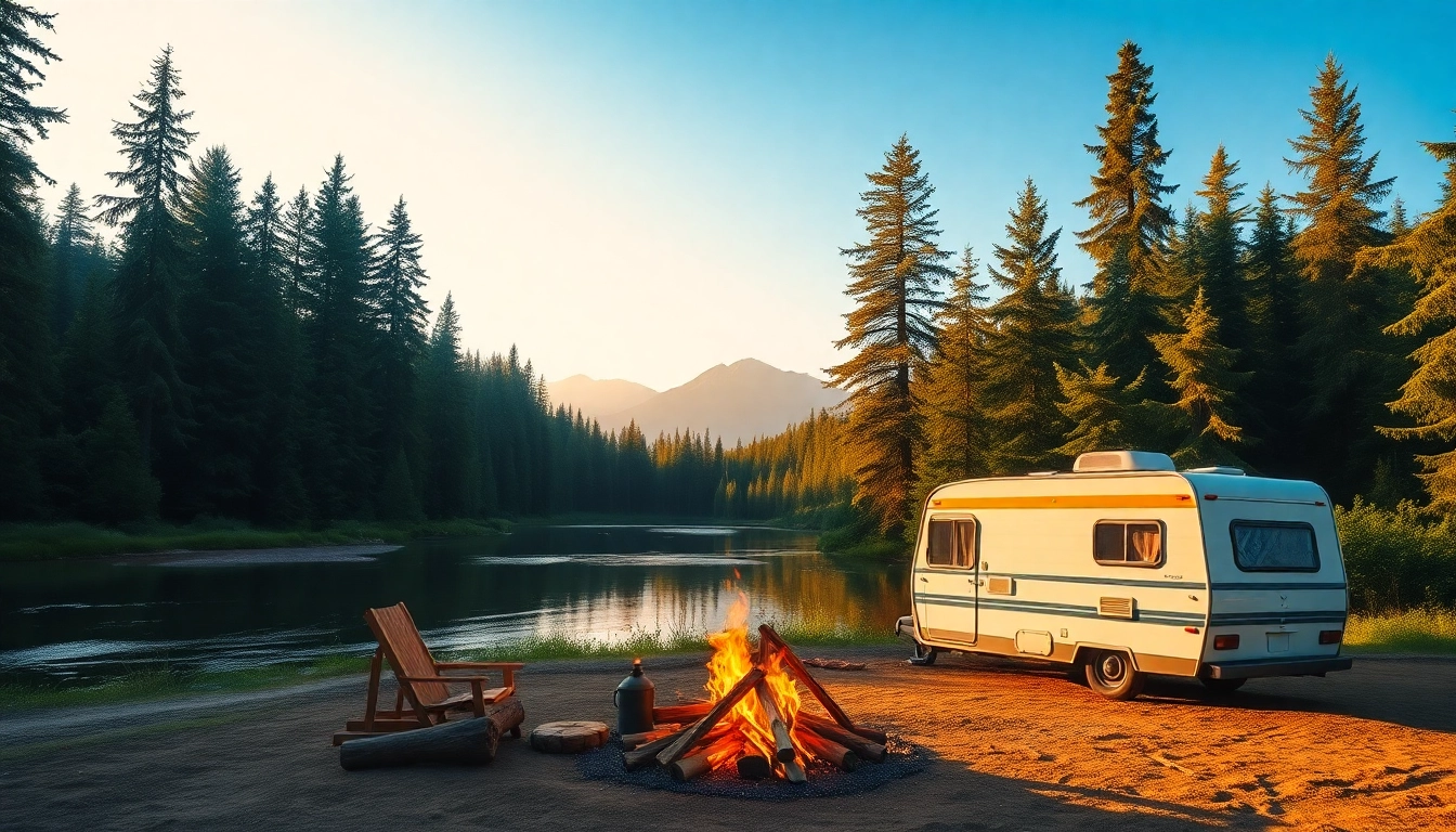 Experience the adventure at https://fernweh-abenteuer.de with a vintage camper by a serene river.