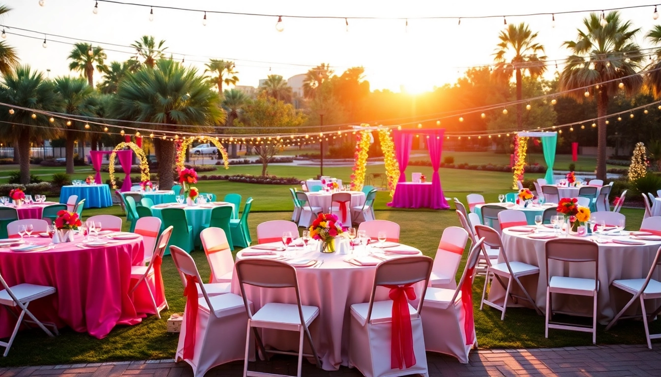 Explore Party Rentals Las Vegas with a joyful outdoor party setup featuring vibrant tables and chairs.