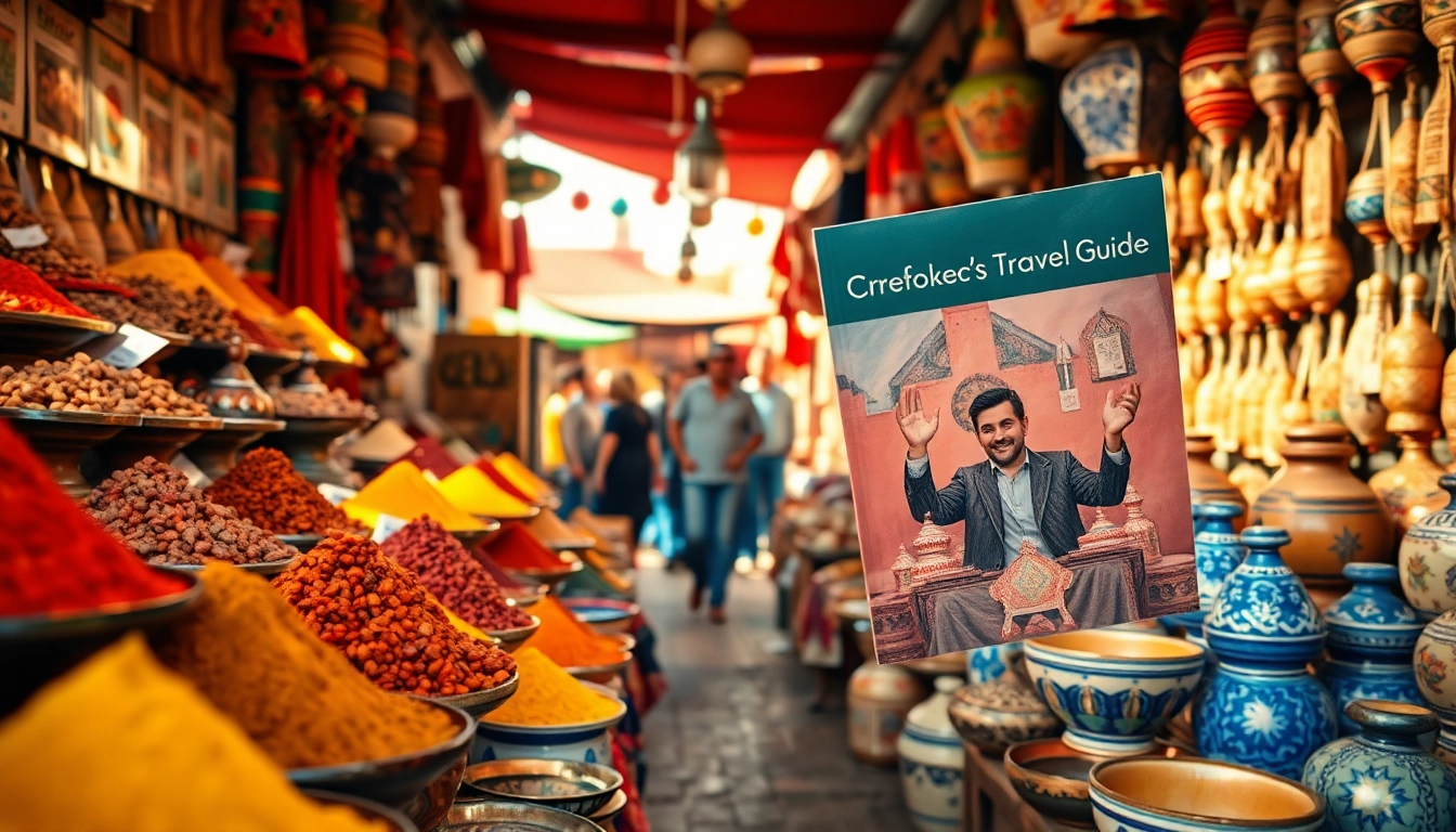 Engaging travel guide promoting onelifetrips amidst vibrant Marrakech markets filled with colors.