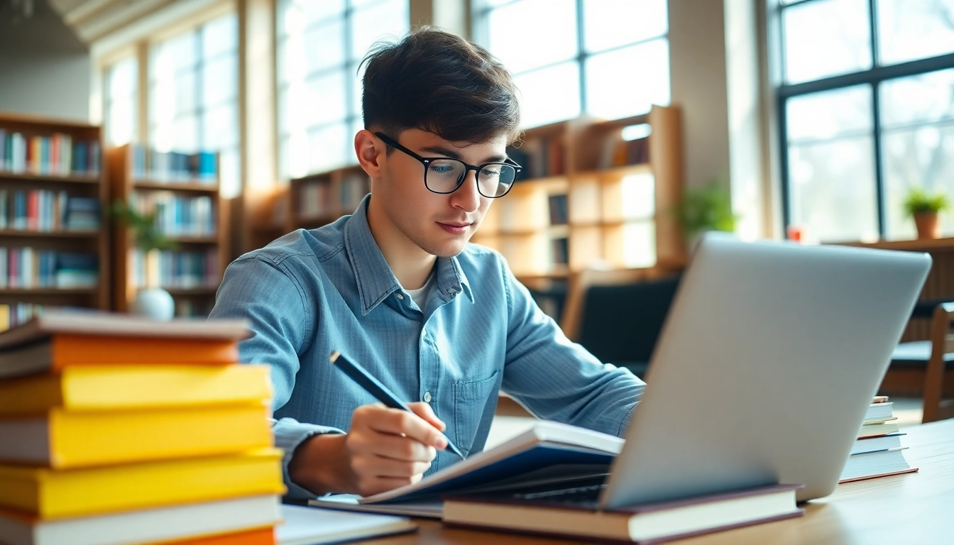 Engaging with exam assistance services in a focused study session, highlighting student motivation.