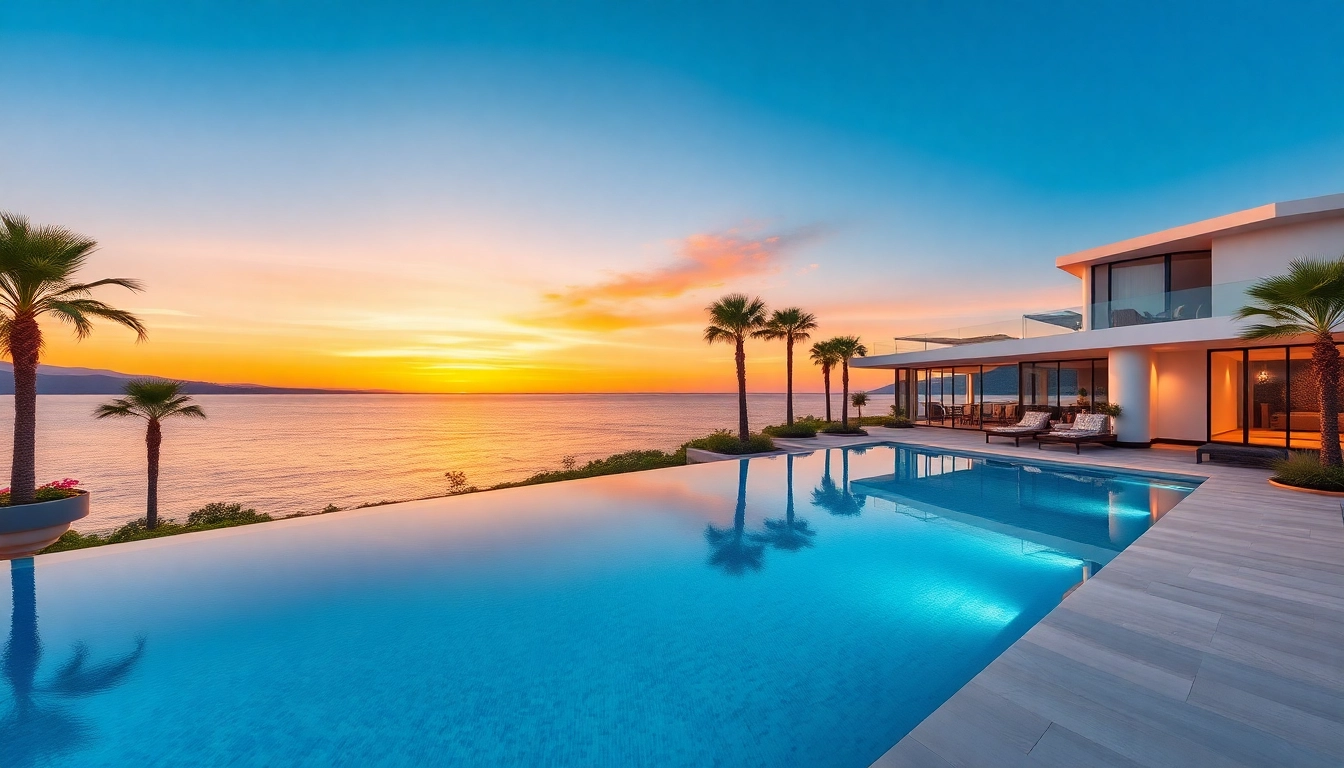 Luxurious villa showcasing real estate in alanya with an infinity pool and sunset view.