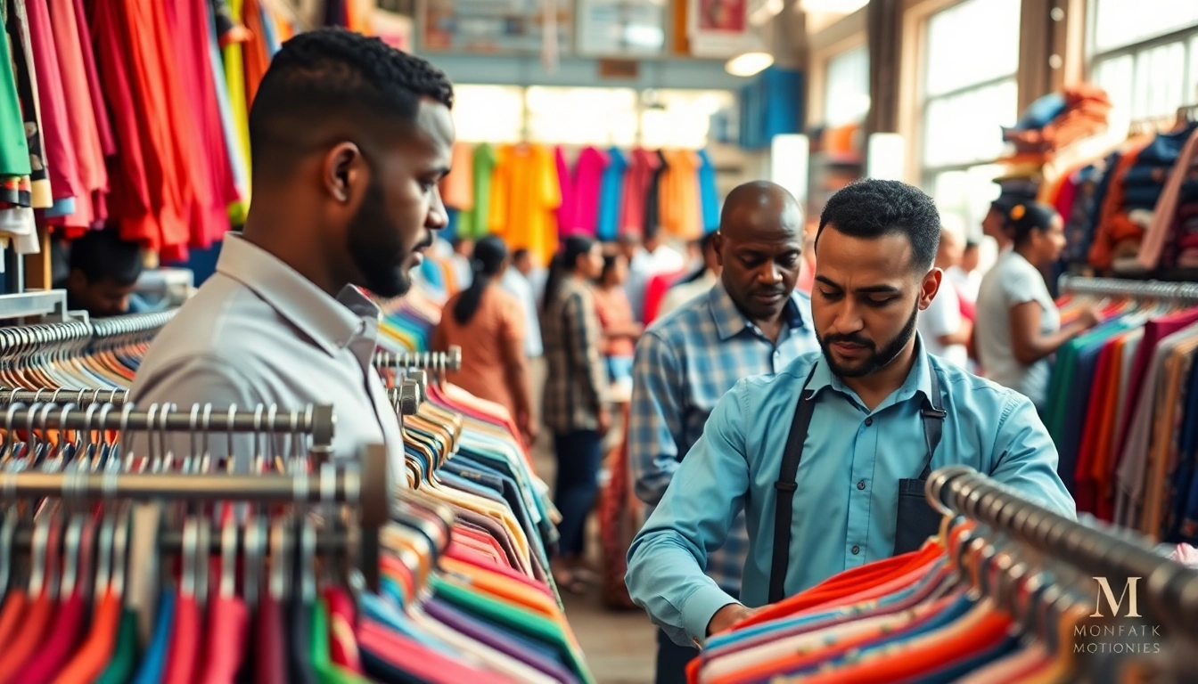 Clothing suppliers China showcasing vibrant textiles in a bustling market scene.