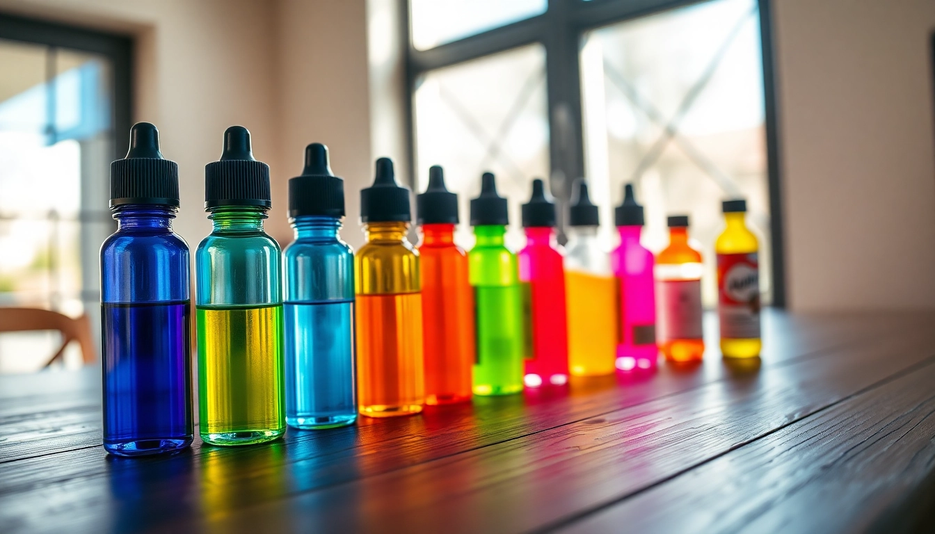 Flüssigkeiten in bunten Vape-Flaschen auf einem Holztisch stilvoll präsentiert.