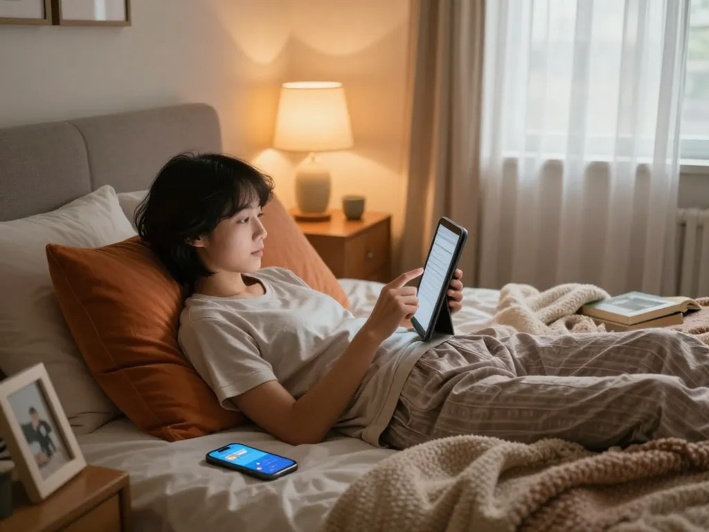 Engaging in sexting AI interactions in a cozy bedroom, showcasing intimate digital communication.