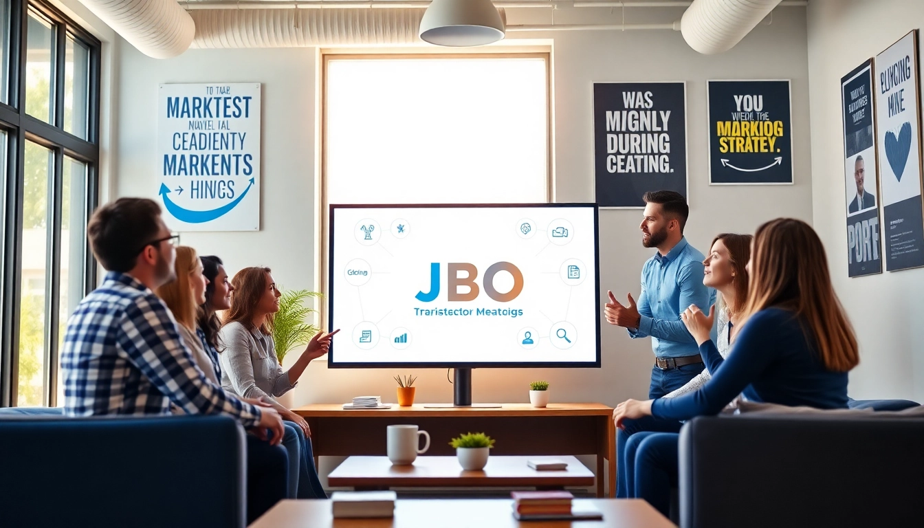 Team strategizing around JBO branding in a bright, modern office.