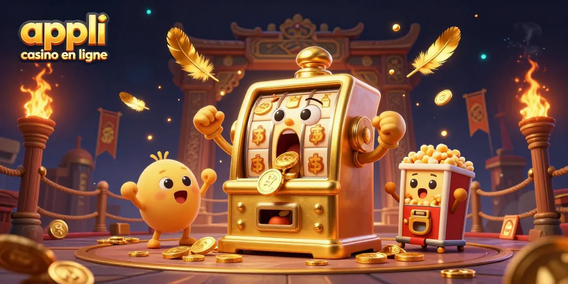 illustration de l'appli casino en ligne avec une machine à sous dorée et des personnages festifs