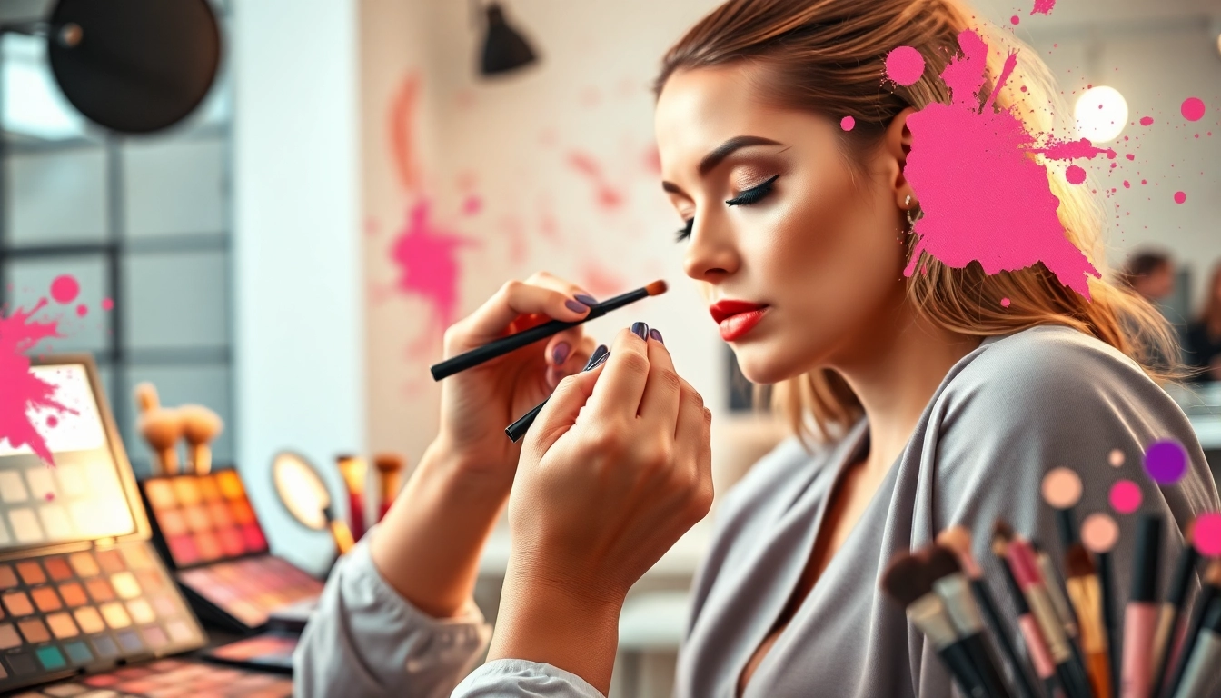 Engaged artist showcasing makeup courses with a colorful palette in a bright studio.