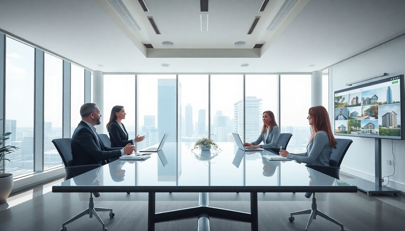 Engaging real estate consultation in a professional office that highlights teamwork.