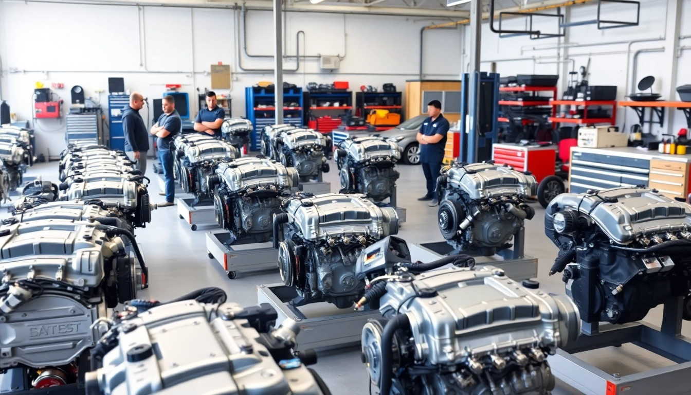 Inspecting used engines in a professional garage with organized workstations.