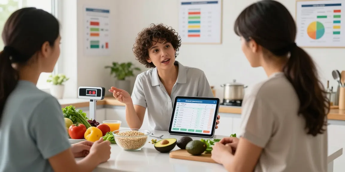Nutritionist demonstrating the best macro tracker app while meal prepping.