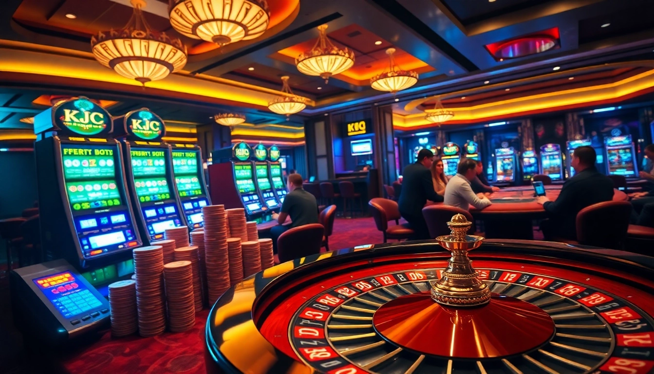 KJC branded luxury casino tables with vibrant slot machines and engaged players in dynamic gameplay.