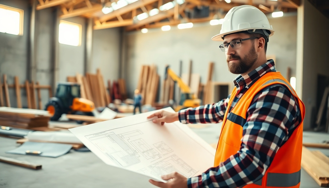 New Jersey General Contractor guiding a construction project with blueprints on site.