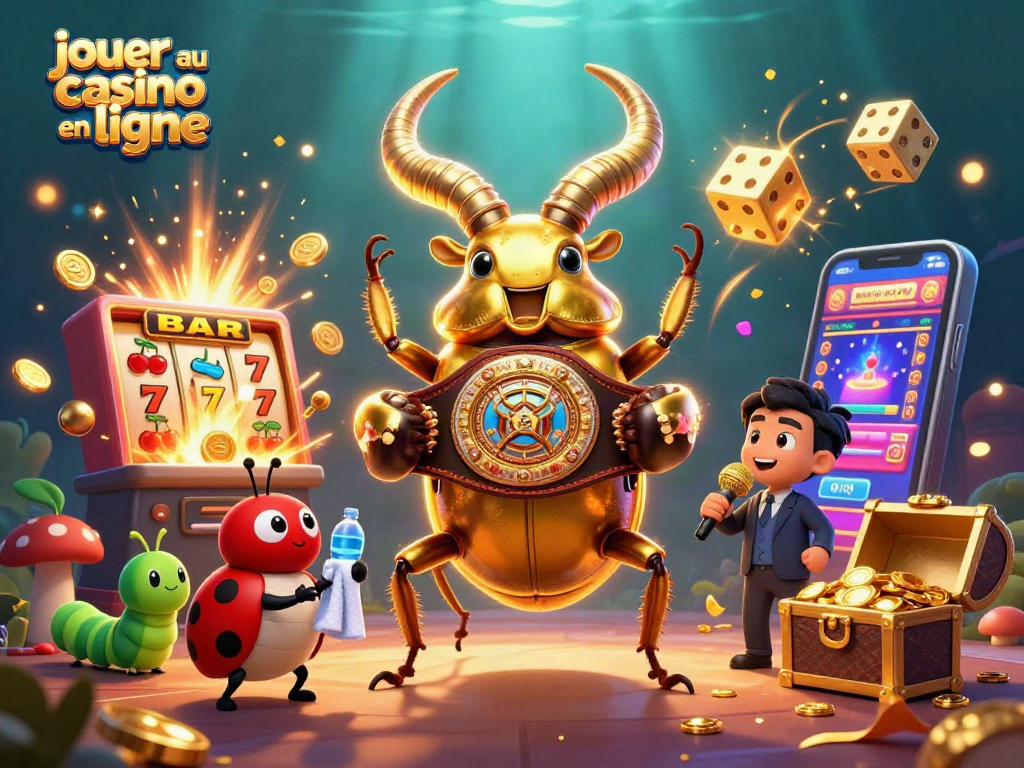 Jouer au casino en ligne avec un scarabée géant et un mélange de jeux de casino colorés.