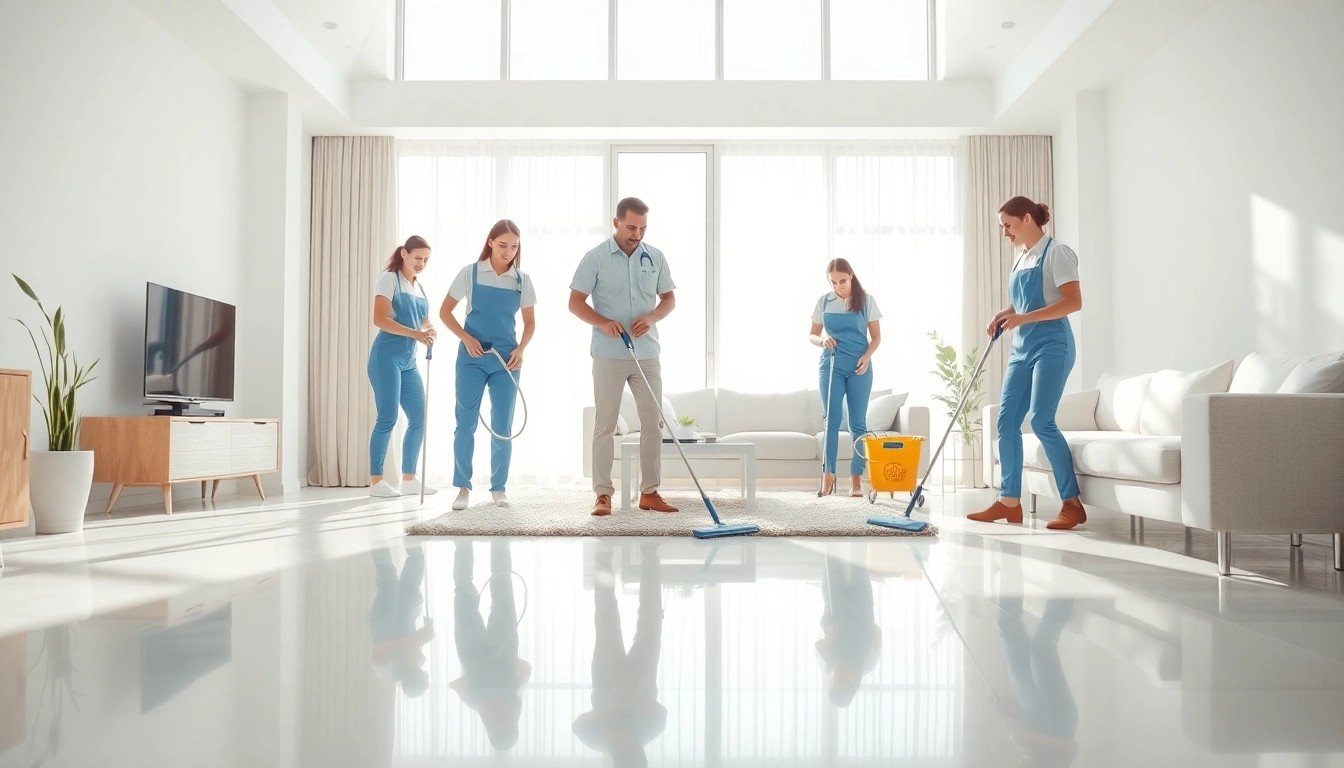 Efficient cleaning service team working diligently in a bright, sparkling living room.