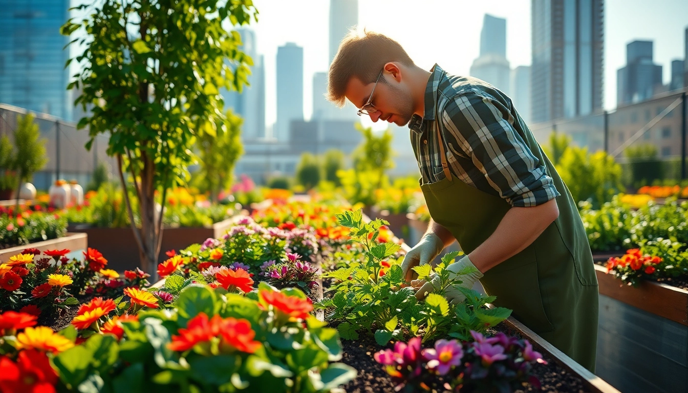 Enhance your Gardening skills by observing a dedicated gardener in a vibrant urban garden.