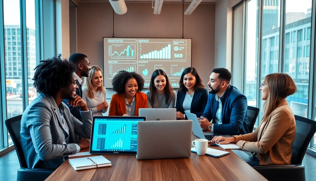 Engaging team strategizing edmonton social media marketing in a contemporary office setting.