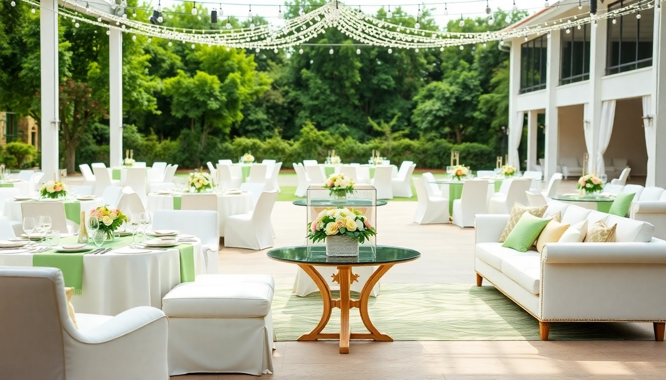 Elegant Event Furniture Rentals showcased in a beautiful outdoor setting with lush greenery.